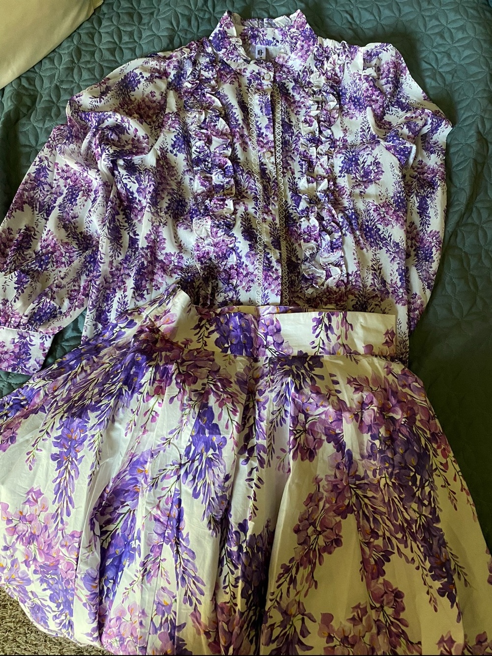 new without tags Purple Floral Ruffled Blouse and cotton midi Skirt Set